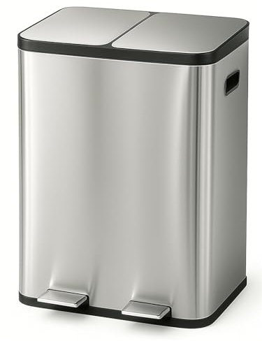 JARDIN202 - Cubo de Basura de Metal con Pedal - Doble Compartimento para Reciclaje y Diseño Moderno | 60 litros (Plata)