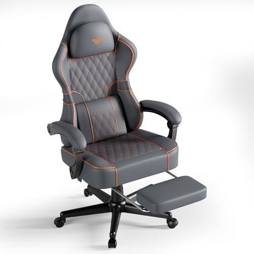 Huracan Silla Gaming con masajeador, Silla Gamer de Escritorio giratoria Respaldo Ajustable 90-160°, con reposapiés, Gaming Chair ergonómica para PC, sillas Gamer para Juegos de Cuero PU, Gris