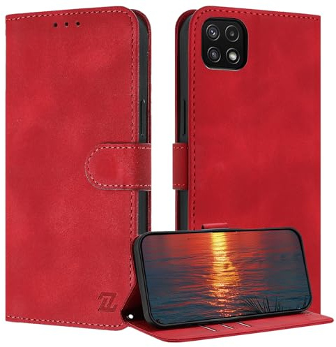 ZONNAVI für Samsung Galaxy A22 5G Hülle, [RFID Blocker] PU Lederhülle Schutzhülle mit Kartenfach, Wallet Case Stoßfeste Flip Cover für Samsung A22 5G Handyhülle (Rot)