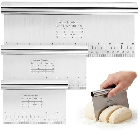 3 Stück Teigschaber Edelstahl, 15/20/30cm Teigschneider mit Messskala, Teigkarte Edelstahl, Antihaft Teigspachtel, Tortenkarte, Backutensilien für Kuchen, Torte, Dough, Plätzchen, Pizza