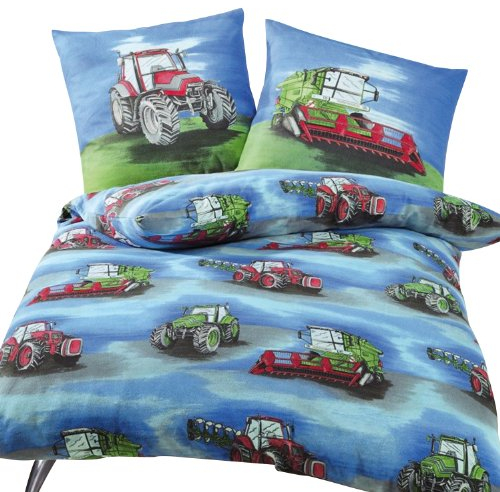 IDO Biber Kinder Bettwäsche 2 teilig Bettbezug 135 x 200 cm Kopfkissenbezug 80 x 80 cm Traktor Kinder