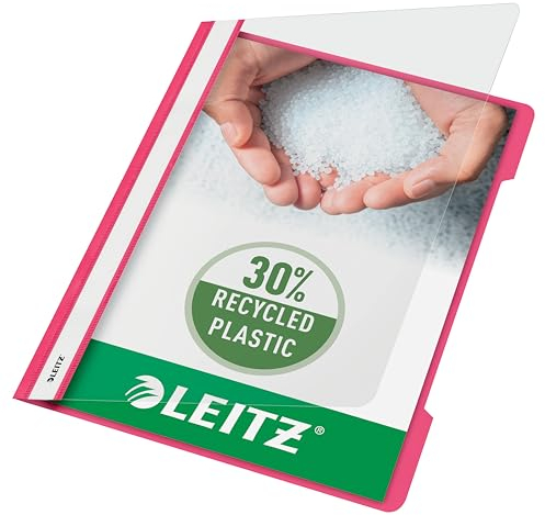 Leitz A4 Standard Schnellhefter, 25er Pack, 30% Pre-Consumer Recycling-Kunststoff, Hefter für A4-Blätter, 60 Blatt Kapazität, Ideal als Dokumententasche für Schule, Haushalt oder Büro, Pink, 41910022
