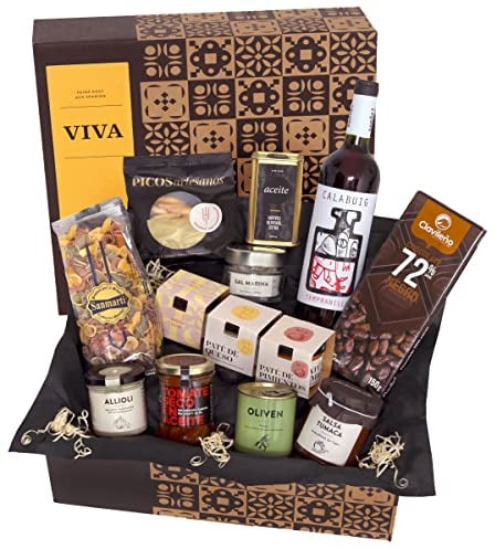 Geschenkkorb VIVA mit spanischen Delikatessen und Rotwein | Feinkost Präsentbox mit erlesenen spanischen Spezialitäten | Liebevoll als Geschenk verpackt von jamon.de