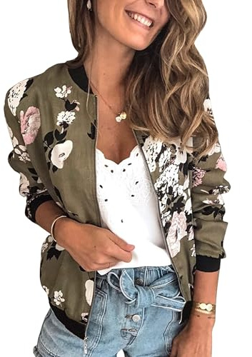 ECOWISH Damen Casual Jacke Blumenmuster Langarm Bomberjacke Reißverschluss Stehkragen Outwear Kurz Coat Herbst Frühling