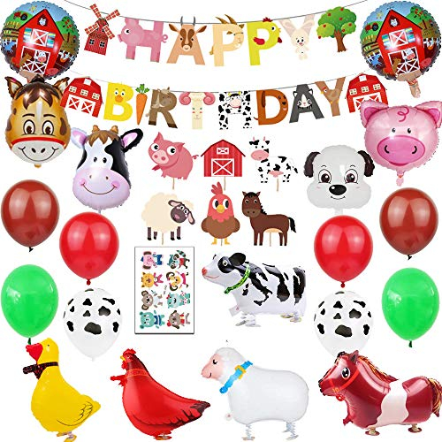 Finypa Bauernhof Tier Partydekorationen Scheunenhof Folienballons und Cupcake Topper (Entenhuhn Kuh Schaf Schwein Esel) Geburtstag Spielzeuge Party Luftballons Dekoration Mädchen Junge