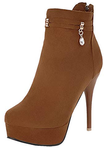 LUXMAX Stivali Donna Tacco a Spillo Alto con Plateau alla Caviglia Scarpe con Cerniera Dietro (Marrone) - 44 EU