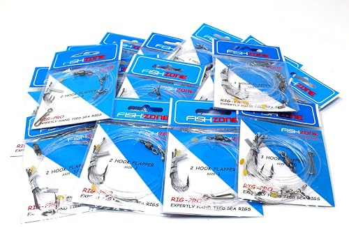 FISHZONE RIG PRO SERIES - Bumper Bundle 16 Assorted Commercial Quality FLAPPER Ready Tied Rigs - Ideal for Sea and Shore Fishing (1, 2 and 3 hooks available)