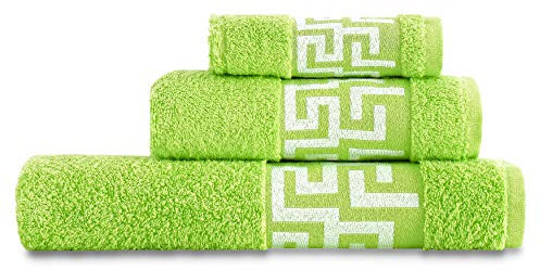 Juego de Toallas de Baño 3 Piezas Lisas. Calidad Rizo Algodon Egipcio 500 gr. Tamaños de Toallas de baño Tocador Lavabo y Ducha Sabana. Toallas baño Grandes. Cenefa Dibujo Cesar. Color Pistacho
