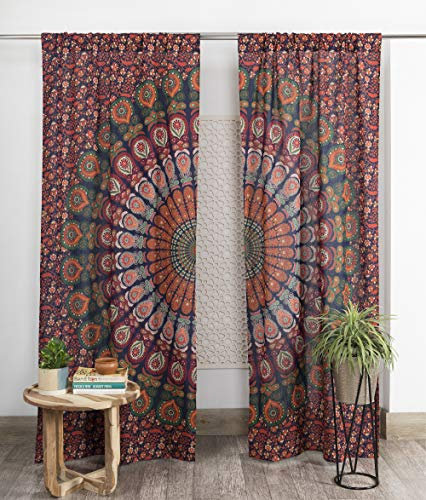Popular Handicrafts Indischer Hippie-Vorhang, Bohemian-Stil, Pfauen-Mandala, Blau