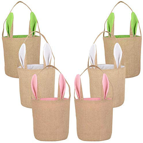 KEFAN Osterhasen-Taschen aus Jute, Hasenohren, Tragetasche, Körbe für die Eiersuche, 6er-Pack (Osterkorb 04)