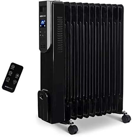 MONHOUSE 11 Fins Oil Filled Radiator - Portable Electric Heater with Adjustable Thermostat - 3 Heat Settings, Overheat Safety Cut Off, Remote Control and Tip over Switch - 1000/1500/2500W - Black
