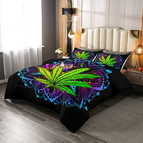 Marihuana-Blatt-Tröster-Set Grüne Cannabisblätter Daunen-Tröster Boho Blau Lila Mandala Bettwäsche-Set Marihuana-Unkraut-Blatt-Gesteppte Bettdecke Bohemian Exotisch Trippy Blätter Dekor, 155X220