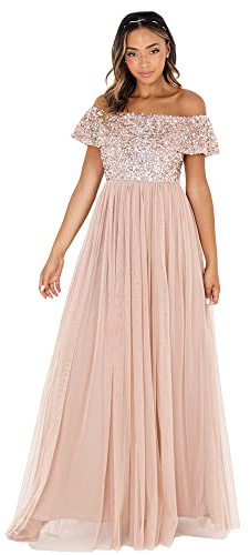 Maya Deluxe Abendkleid Damen Brautjungfernkleid Bardot Paillettenverzierung Abendkleid Elegant für Hochzeit Tüllkleid