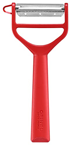 Opinel Schäler T-Duo aus Kunststoff in der Farbe Rot, zum Schälen von Gemüse und Zubereiten von Juliennes, spülmaschinengeeignet, 254625