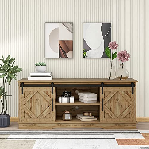 LERFAN Grand meuble TV avec 2 portes coulissantes classiques et étagères réglables pour salon, salle à manger, design moderne, 150 x 40 x 60 cm, marron vintage