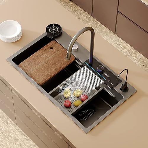 NuoJing Évier cascade, bac simple, affichage numérique, acier inoxydable 304, finition brossée, 80 x 45,7 x 22,1 cm, installation encastrée, gris pistolet, rectangulaire, 4 trous, grille de drainage,