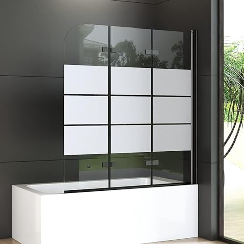 Goezes Duschwand für Badewanne 120x140cm 3-teilig Schwarz Faltbar Duschabtrennung, Badewannenaufsatz mit 6mm Gestreift Glas Sicherheitsglas Duschtrennwand, Badewannenwand Duschwand Faltwand