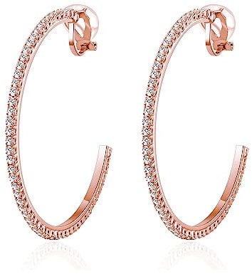 QUKE 5.5CM Rose Gold Clip On Hoop Earrings Cubic Zirconia Non Pierced Ear Large Clip Drop Hoops Earrings for Women Girls