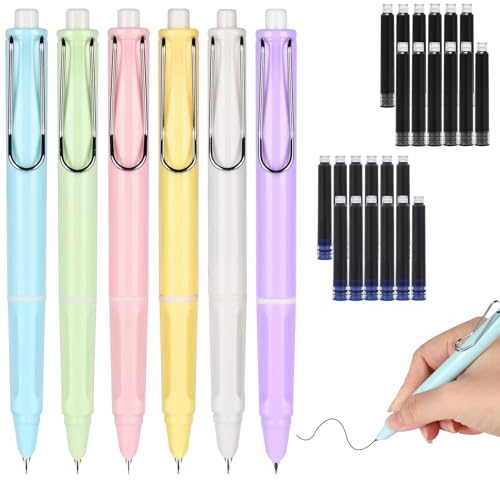 AUAUY Retractable Fountaining Pen, 6PCS Refillable Ink Writing Pens 0.38mm, Soft Non-slip Grip with 24PCS Ink Sac, Smooth Writing, Painting, School, Office