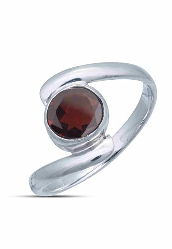 mantraroma Damenring Granat 925 Sterling Silber – Schlichter Edelstein Ring rund facettiert Ø 7 mm, moderner Schmuck für Frauen