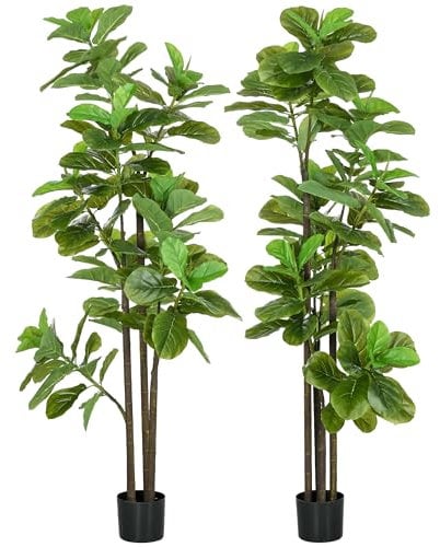 HOMCOM Lot de 2 Plantes artificielles Figuier à Feuilles de Violon Ficus Lyrata Hauteur 180cm avec Pot, Grand Arbre Artificiel pour décoration