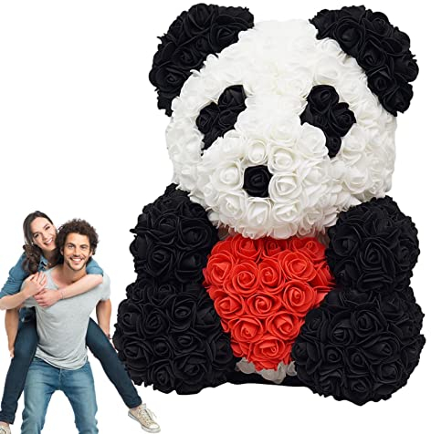 Shitafe Blumen-Teddybär - 25cm Teddybär mit Herz/Fliege | Handgemachte Panda-Puppe für Valentinstag, Geburtstage, Brautpartys, Muttertag