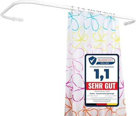 Sasko Duschvorhangstange Duschstange Duschvorhang L-Form Asymmetrisch Aluminium Stabile Belastbarkeit 25 kg Gardinenstange für Vorhang für Badewanne & Dusche Wandmontage - Weiß - 70x140 cm