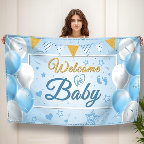 Koliphy Willkommen Baby Banner für Babyparty, Zuhause Empfang, Baby Shower, Kindergeburtstag Dekoration Junge (Blau)