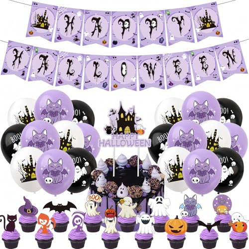 Set di 44 decorazioni per feste di Halloween per la casa, zucca, gatto, fantasma, viola, Happy Halloween, bandierine in lattice, palloncini per torte, decorazioni a spirale da appendere per bambini