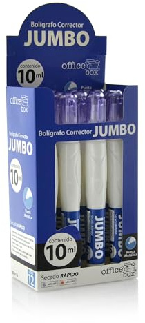 office box Corrector de Tinta Liquida en Bolígrafo JUMBO - 10 ml - Corrector Liquido de Secado Express, Punta Metálica Suave y Precisa – Invisible en Fotocopias- (Pack 12 Unidades)