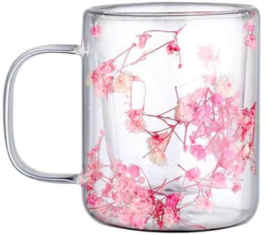 Tazze da caffè in vetro a doppia parete, 250 ml, fiori secchi, bicchieri trasparenti con manici, bicchieri estetici, tazze da caffè latte e cappuccino, per bevande, tè, caffè, acqua, succhi di frutta,