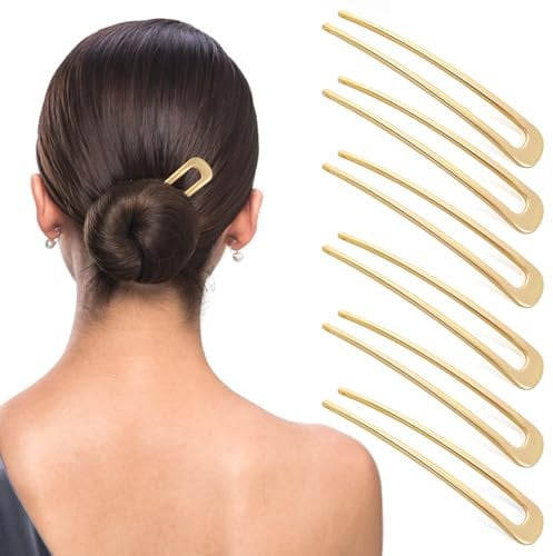 Lusofie 6Pcs Metal U Shaped Hair Pins Hair Sticks French Hair Pin Hair Fork Retro 2 Prong Updo Chignon Pins for Women Girls Hairstyle Accessories(Gold)