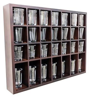 Schnapsglas-Vitrine, stilvolle schwarze Glasvitrine für Display, 28 Fächer, freistehend & wandmontierbar, Schnapsglashalter, perfekt für Sammler – keine Tür (mit 1 Reihe für große Schützen)