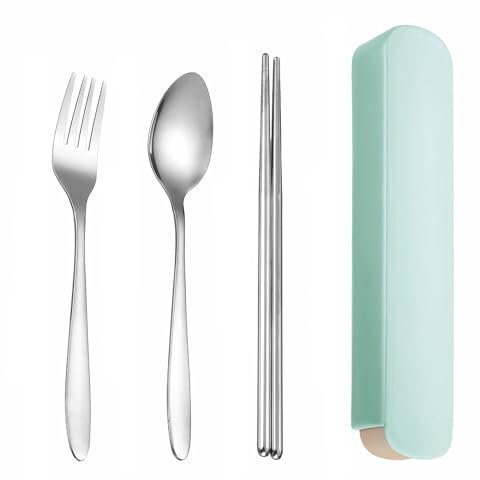 3 PCS Stainless Steel Cutlery Set for 1,Travel Cutlery Set for Work Lunch,Reusable Picnic Cutler Set with Green Case,Portable Chopsticks Spoon and Fork Kit for Outdoor Travel Office School Lunch