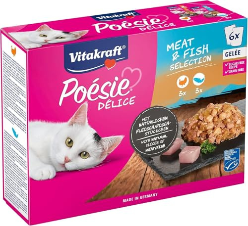Vitakraft Poésie Délice, Meat and Fish Selection, Nassfutter Katze, Katzennassfutter Gelee, mit Putenbrust, mit Lachs, ohne Zusatz von Zucker und Getreide (1 Paket mit 6X 85g) (Packung mit 5)