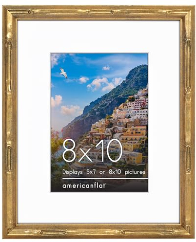 Americanflat 8x10 Picture Frame with Bamboo Design - Gold Bamboo Frame with Shatter-Resistant Glass - Use as 5x7 Frame with Mat or 8x10 Frame Without Mat - Faux Bamboo Photo Frame for Wall or Tabletop