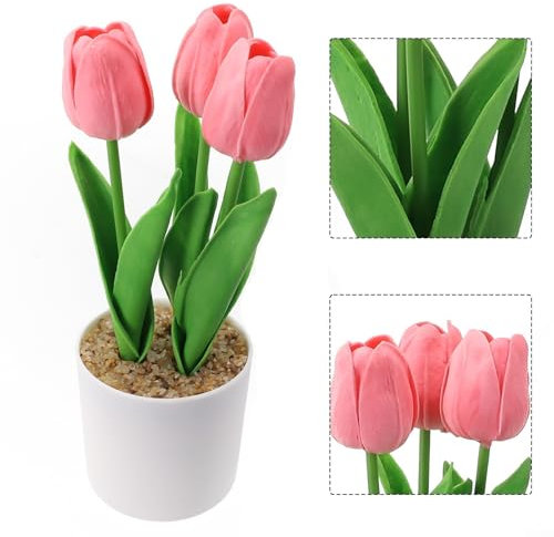 Alanmoship Künstliche lila rosa für Champagner-Tulpen im weißen Topf, realistische Kunstblumen für Heimdekoration (Rosa)