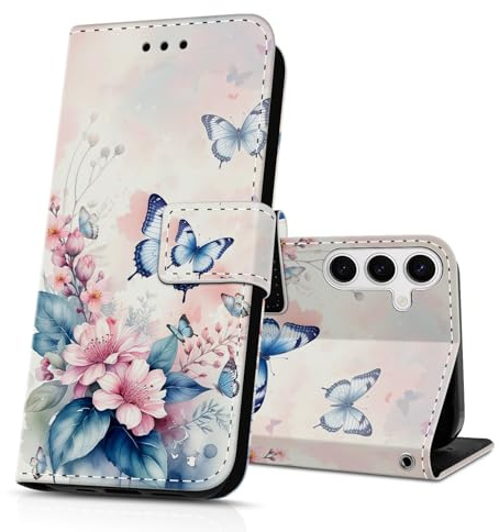 DiaryTown Handyhülle für Samsung Galaxy A14 5G Hülle Wallet PU Lederhülle Klapphülle 360 Stoßfest Schutzhülle Flip Case Cover Brieftasche Galaxy A14 4G Handytasche - Z-Rosa Blume Blauer Schmetterling