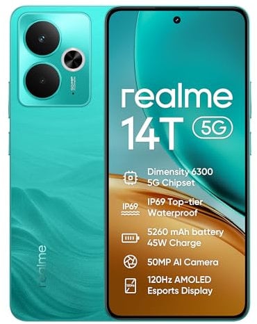 realme 14T Smartphone 5g, 8+256GB,5260 mAh Battery,Dimensity 6300 Chipset, IP69 Top-tier Waterproof, 50MP camera,120Hz Eye Protection Display,Surf Green,Amazon Exclusive (No Adapter)