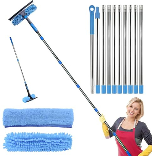 Window Cleaning Kit, 14ft Long Handle Window Cleaner Tool with Pole Telescopic Window Squeegee Cleaning Equipment, Glass Cleaning Tools Window Cleaning Washer Tools for Shower Glass Car Mirror