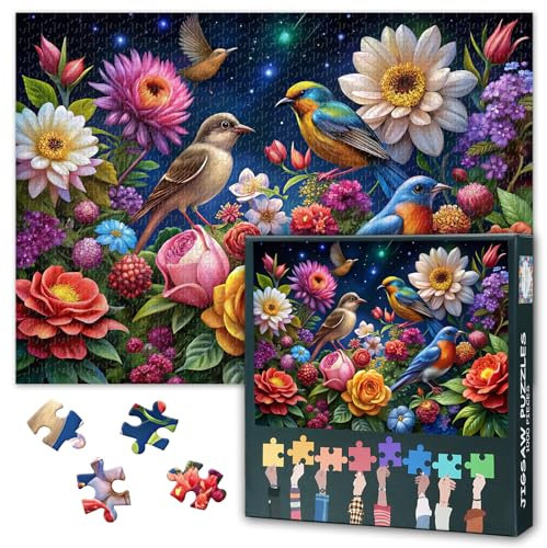 Hummingbird Adults 1000 Piece Puzzle, Floral Plants Puzzles, Beautiful Birds Surrounded by Colorful Flowers Jigsaw Puzzle for Family Recreation - Friends Gift 27.5 x 19.6