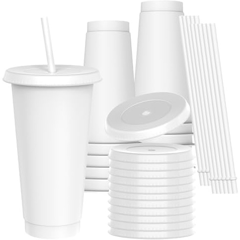 OZMOJOO 710 ml Plastic Cups with Lids and Straws, Sturdy & Food-Safe Iced Coffee Cups with Lid, Plastic Tumbler Reusable, Drinking Cups for Cold Drinks, Milkshakes, Smoothies - White(12 Sets)