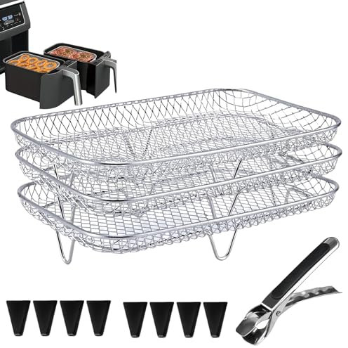 Air Fryer Rack for Ninja Dual AF300UK AF400UK, 3 Layer Stackable Airfryer Accessories, Stainless Steel Air Fryer Basket Compatible with Ninja/COSORI/Cookwise/Instant/EMtronics Dual Drawer Airfryer