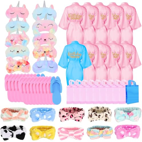 MSYU Lot de 50 fournitures de fête spa pour filles, 10 peignoirs en satin, 10 pantoufles pour soirée pyjama, fête d'anniversaire, spa – Étiquette de taille 8, rose, bleu