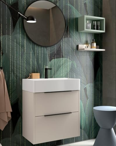 Mueble Baño Suspendido a Pared Fondo Reducido | 2 Cajones con Lavabo Cerámico | Moka Mate Tirador Negro | 60cm