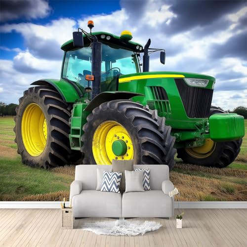 WHUOEUCO Vlies Fototapete Grüner Traktor 350x256 cm Wandbilder Tapete Art Fototapete, 3D Effekt Wandtapete für Wohnzimmer, Schlafzimmer, Büro, Küche, Kinderzimmer