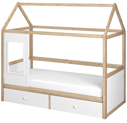Flair Furnishings - Kids House Bed Frame with Storage, Kids Single Bed Frame, Wood, Imaginative and Playful Design, Sleek and Stylish (Classic White)