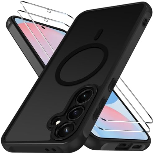 ivoler für Samsung Galaxy S24 FE 5G Hülle, 1 Magnetisch Handyhülle mit 2 Stück Panzer Schutz Glas, [Kompatibel mit MagSafe] [Militärnorm Sturzschutz] Stoßfest Schutzhülle Silikon Case Matt Schwarz