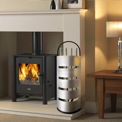 SAILUN 5 Piece Fireplace Tools Set, Including Broom, Shovel, Poker, Tongs and Stand with Privacy Screen, Heavy Duty Stainless Steel Fire Companion Kit for Fireplace, Chiminea, Silver