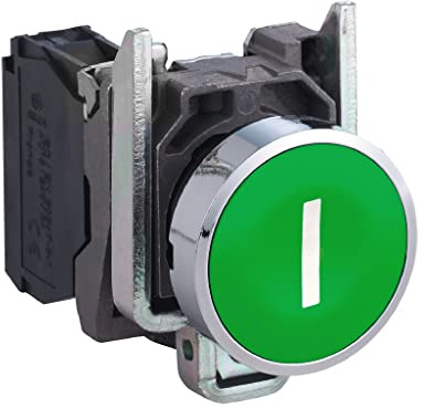 Schneider Electric Harmony XB4 - Push Button Switch, Metal, Spring Return, 1NO, 22 mm Mount, Marked I, Flush Operator Profile, XB4BA3311, Green